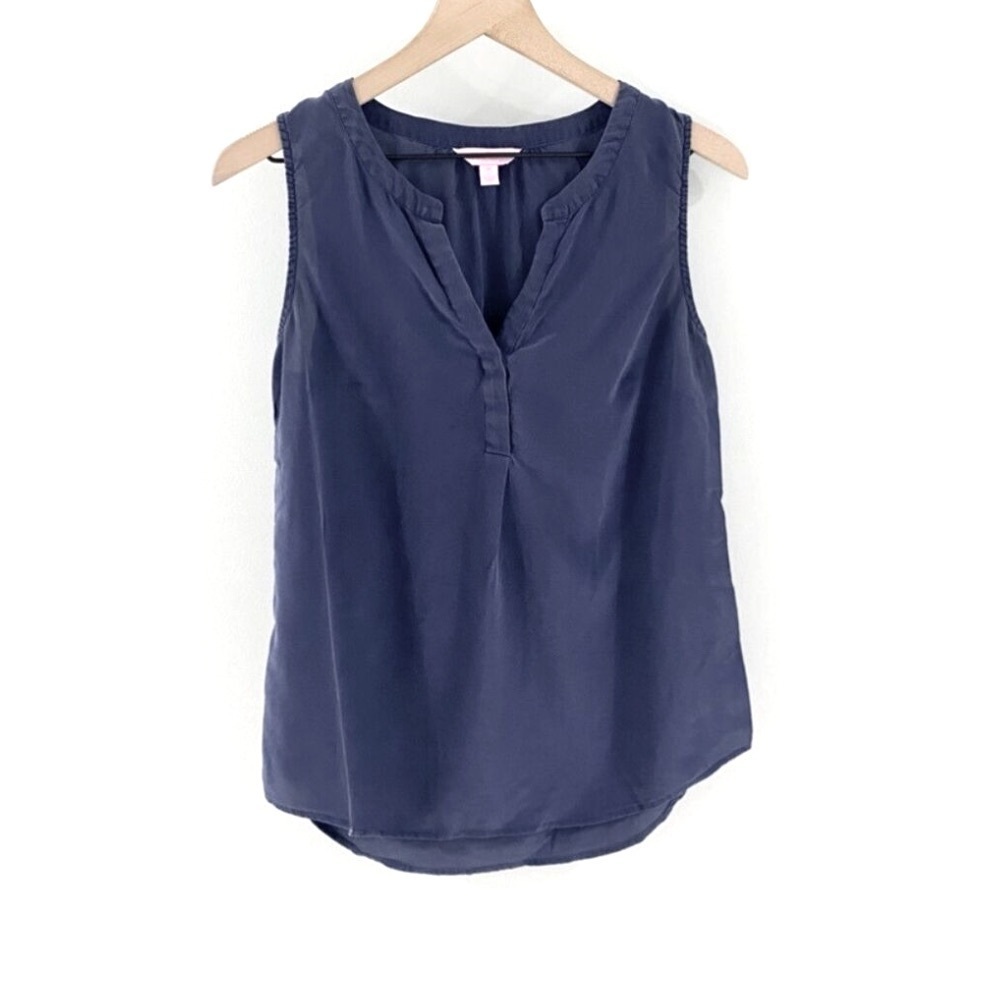 ANTHROPOLOGIE Pleione Blue Women’s Split  Hem Hi Low V Neck Sleeveless Tank EUC